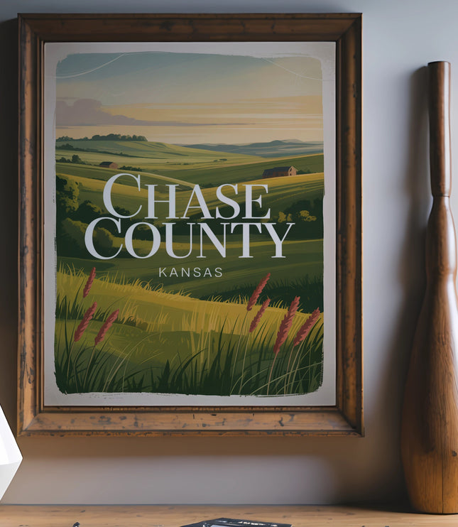Chase County Kansas landscape poster with rolling hills and text.