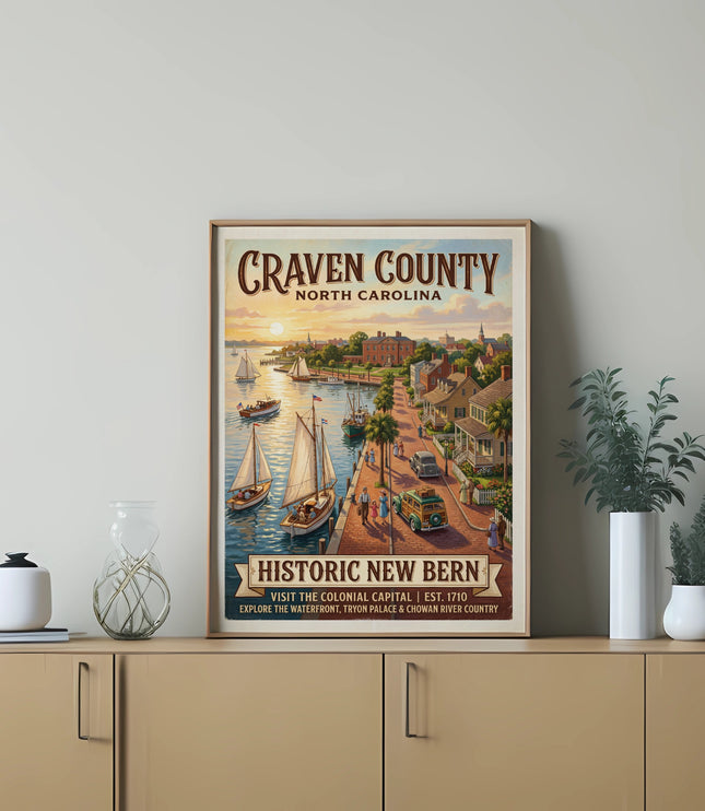 Craven County, North Carolina, vintage travel poster of Historic New Bern waterfront with boats.