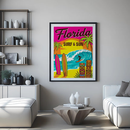 Poster of Florida Surf & Sun with surfboards and tiki masks.