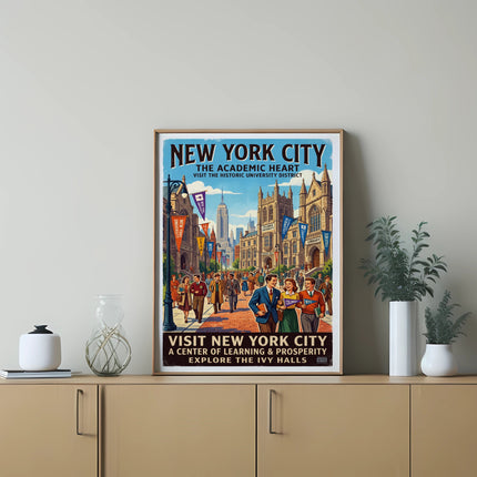 Vintage New York City poster for the academic heart, historic university district.