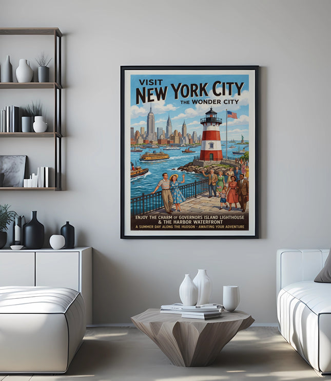 "Visit New York City" vintage poster with lighthouse and skyline on wall