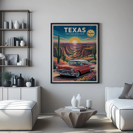 Vintage red car in Texas desert landscape poster on wall.
