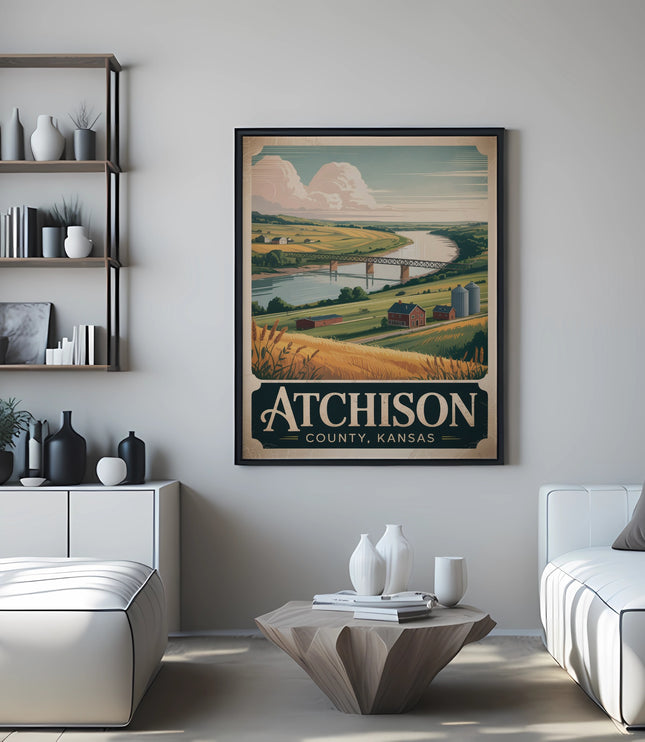 Vintage Atchison, Kansas travel poster with scenic river valley and text.
