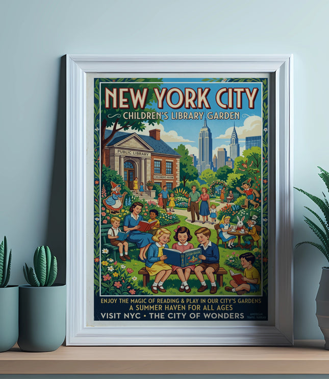New York City Children's Library Garden vintage poster with people reading and iconic buildings.