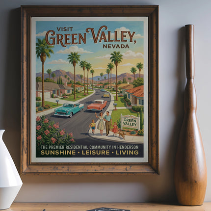 Vintage travel poster for Green Valley, Nevada with a family and classic cars.