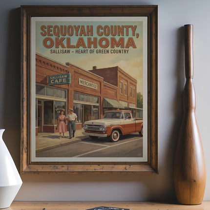 Sequoyah County, Oklahoma poster with "Sallisaw Cafe" and a vintage truck.
