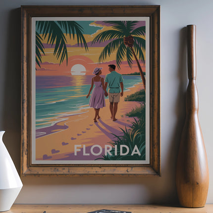 Couple walking on a beach with "Florida" text in a colorful sunset scene.