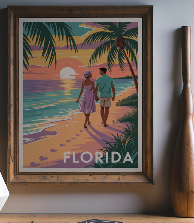 Couple walking on a beach with "Florida" text in a colorful sunset scene.