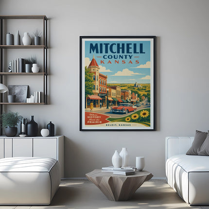 Vintage travel poster for Mitchell County, Kansas, featuring a street scene.