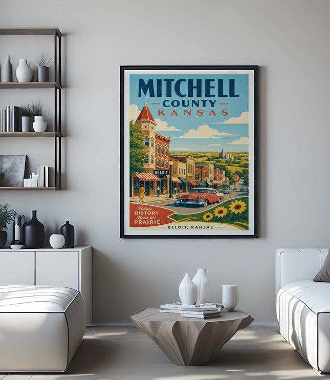 Vintage travel poster for Mitchell County, Kansas, featuring a street scene.