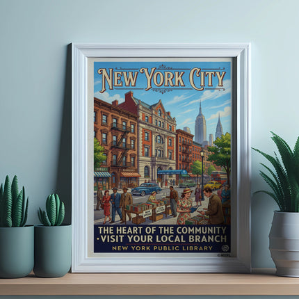 New York City Public Library poster depicting a street scene with a bakery and library branch.