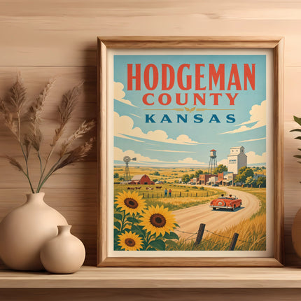Hodgeman County Kansas vintage travel poster with sunflowers and vintage car.