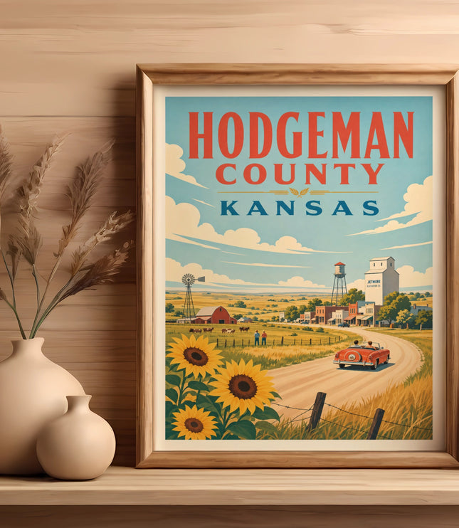 Hodgeman County Kansas vintage travel poster with sunflowers and vintage car.