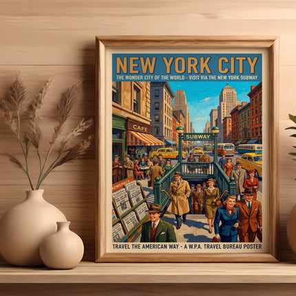 WPA travel poster for New York City subway featuring diverse people and vintage taxis.