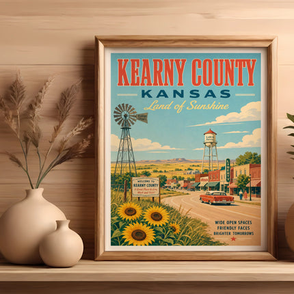 Vintage poster for Kearny County, Kansas, featuring a roadside scene.