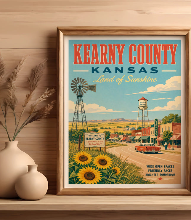 Vintage poster for Kearny County, Kansas, featuring a roadside scene.