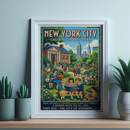 New York City Children's Library Garden vintage travel poster.