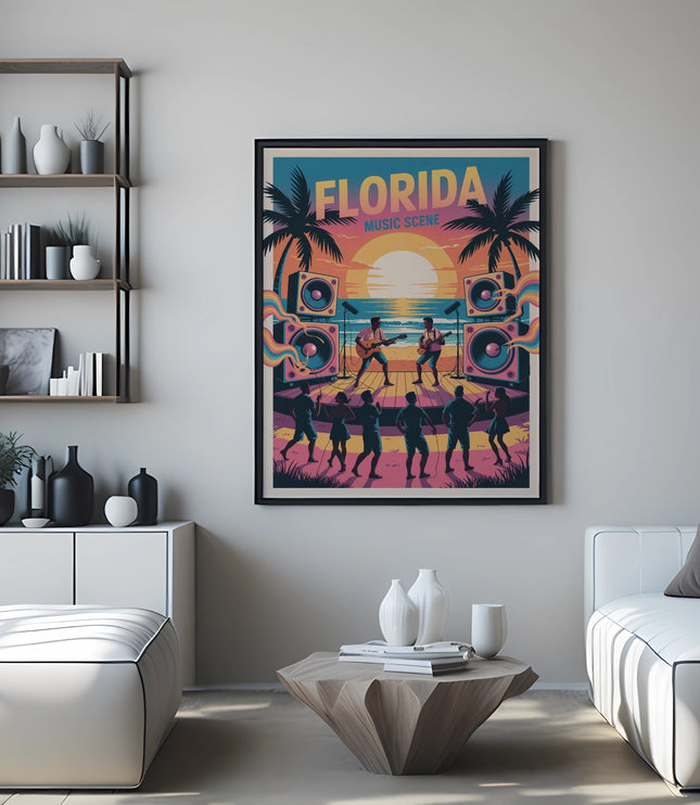 Poster with "FLORIDA MUSIC SCENE" text depicting a beach concert at sunset with palm trees.