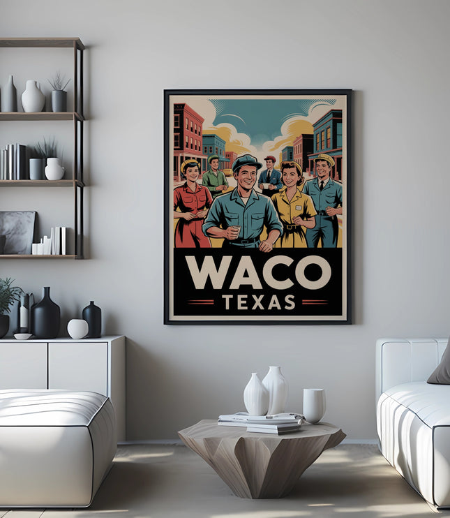 Vintage "Waco Texas" poster featuring stylized people in retro clothing.
