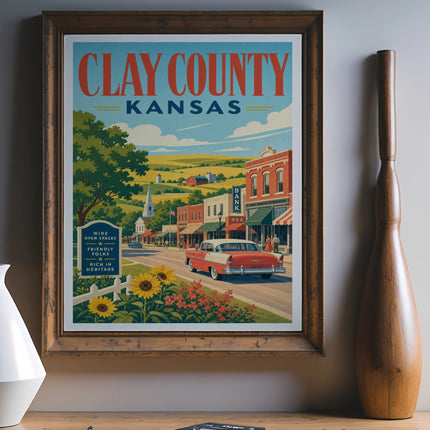 Clay County Kansas travel poster with vintage cars and buildings.