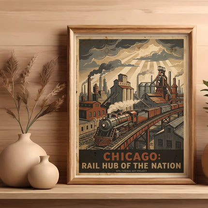 Vintage Chicago Rail Hub poster framed on a wooden shelf with vases.