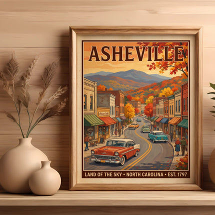 Asheville, NC vintage travel poster with fall foliage and classic cars.
