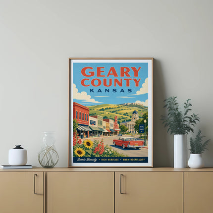 Poster for Geary County, Kansas, with a vintage car and town scene.