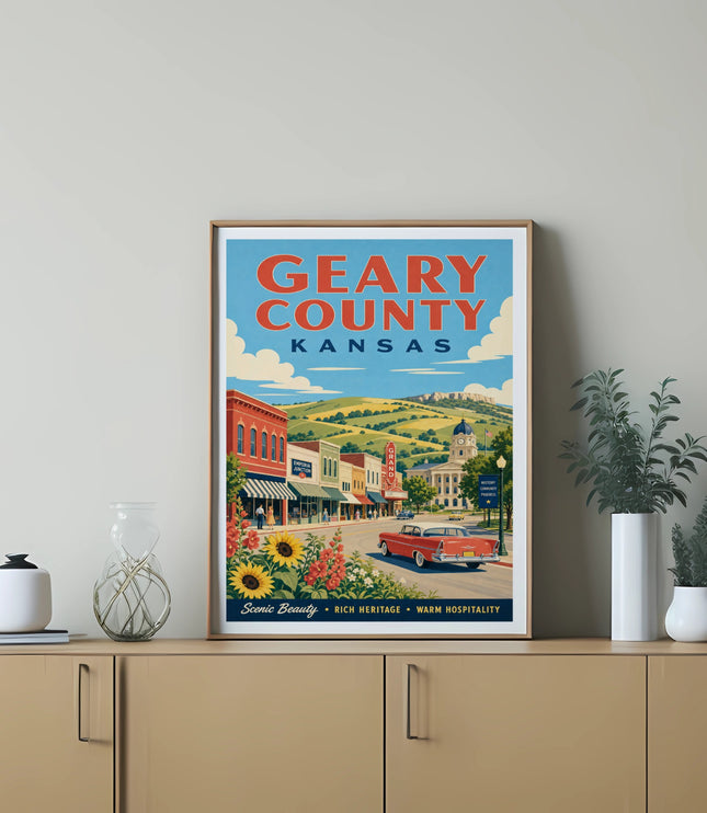 Poster for Geary County, Kansas, with a vintage car and town scene.