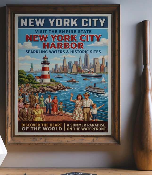 New York City Harbor vintage travel poster with families and skyline.