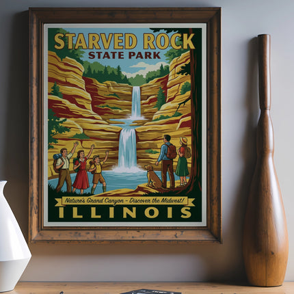 Starved Rock State Park Illinois poster with waterfall and hikers.