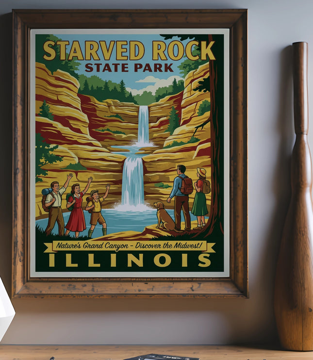 Starved Rock State Park Illinois poster with waterfall and hikers.