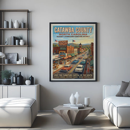 Catawba County poster featuring Hickory's Furniture District and classic diners.