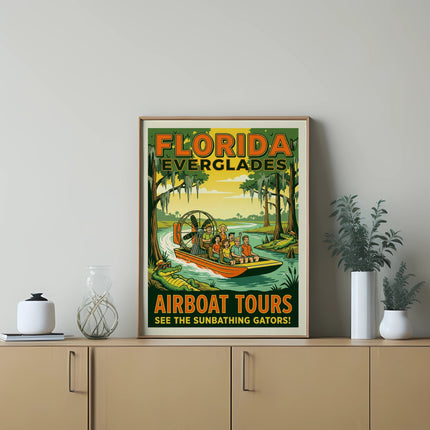 Florida Everglades Airboat Tours poster with text "See the sunbathing alligators!".