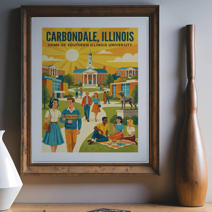 Carbondale, Illinois poster featuring Southern Illinois University campus with Saluki mascot.