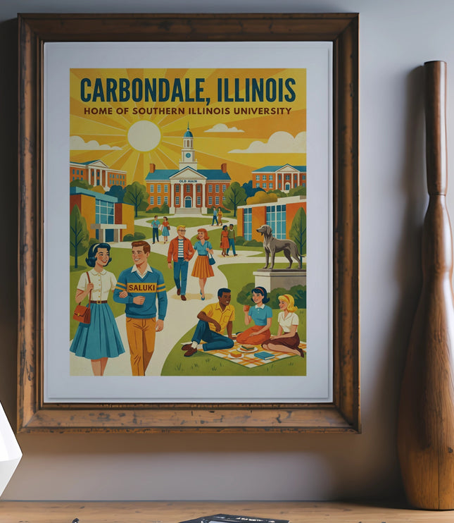Carbondale, Illinois poster featuring Southern Illinois University campus with Saluki mascot.