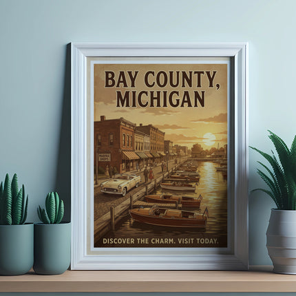 Vintage poster of Bay County, Michigan with boats and buildings at sunset.