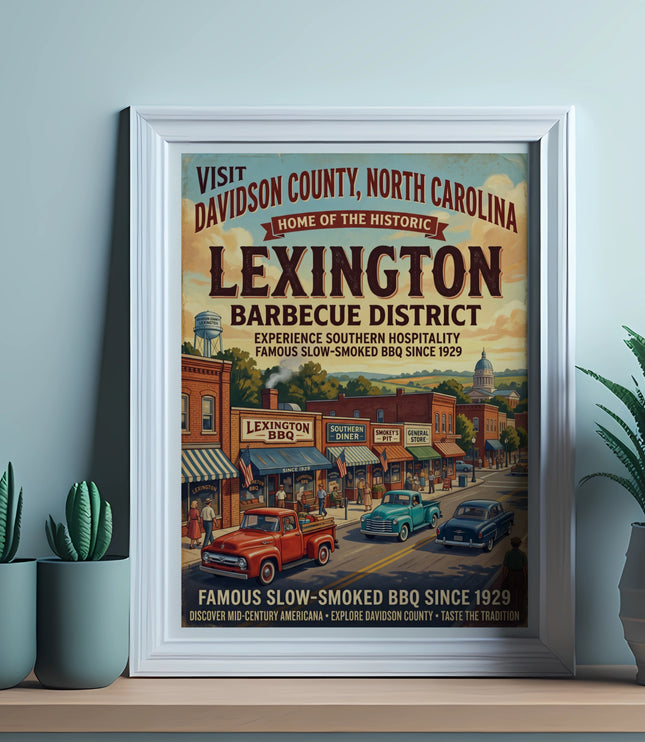 Lexington Barbecue District vintage poster featuring historic buildings and classic cars.