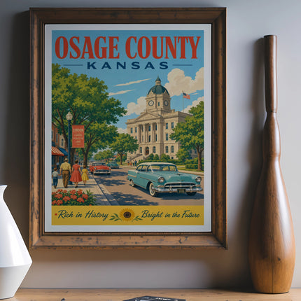 Vintage poster for Osage County, Kansas, featuring a building and car.