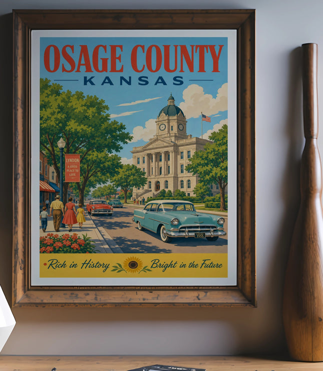 Vintage poster for Osage County, Kansas, featuring a building and car.