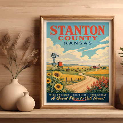 Stanton County, Kansas vintage poster with windmill, sunflowers, and cows.