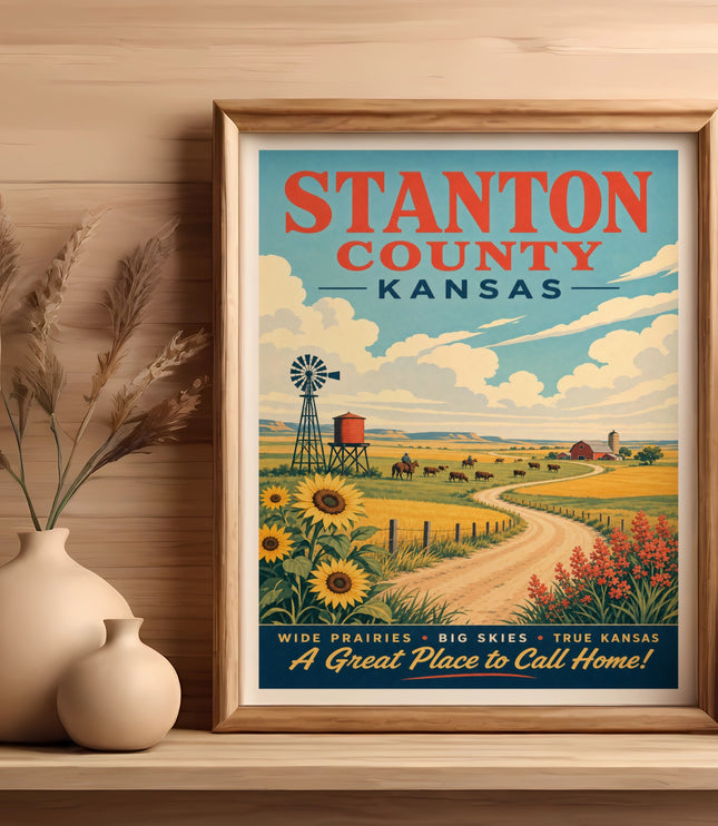 Stanton County, Kansas vintage poster with windmill, sunflowers, and cows.
