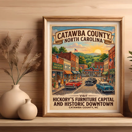 Catawba County, North Carolina vintage poster with downtown scene and text.