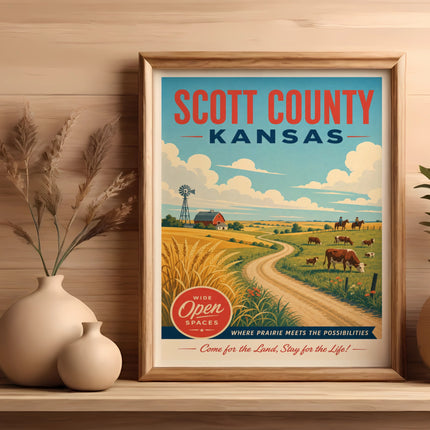 Scott County, Kansas vintage travel poster with rural scene and text.