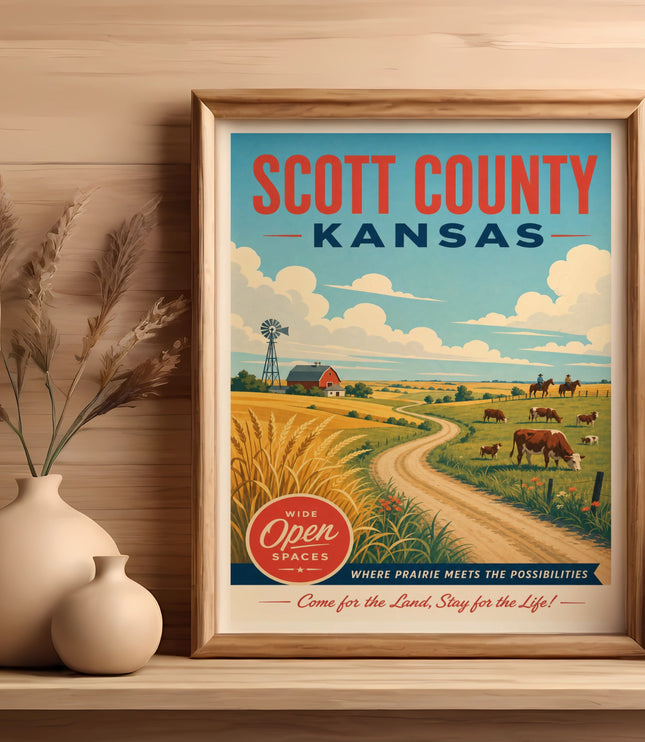 Scott County, Kansas vintage travel poster with rural scene and text.