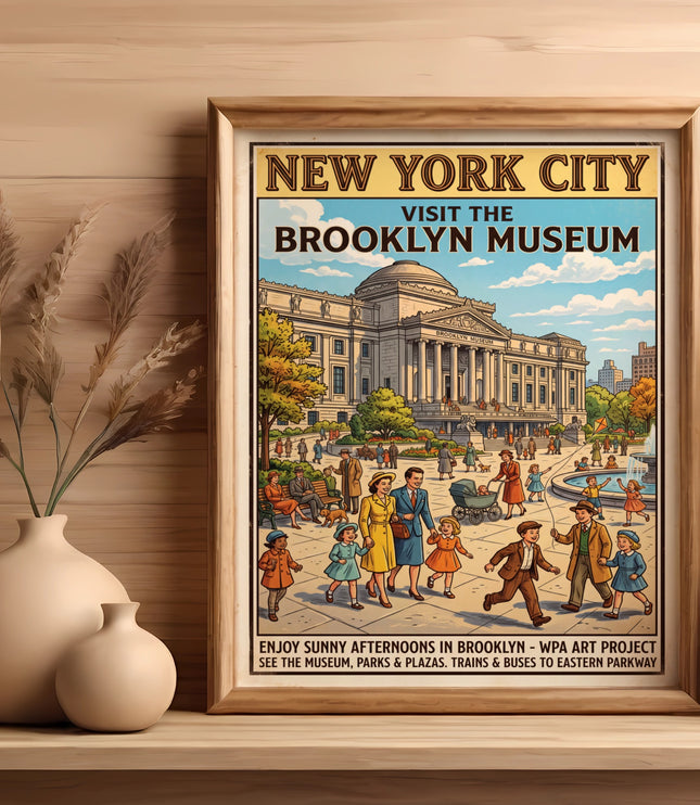 New York City Brooklyn Museum poster with families enjoying park.