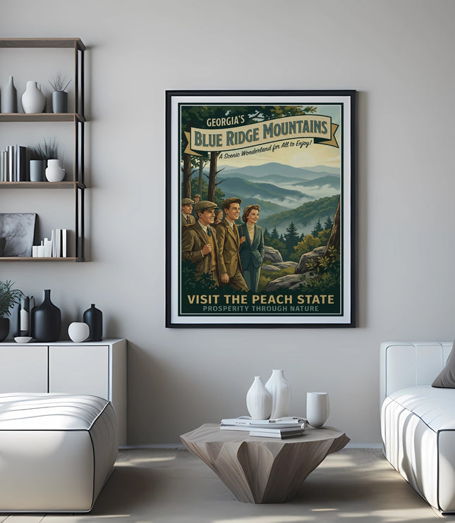 Georgia's Blue Ridge Mountains vintage travel poster with people and mountains.