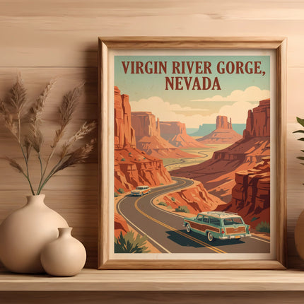 Vintage travel poster of Virgin River Gorge, Nevada, with cars on a winding road.