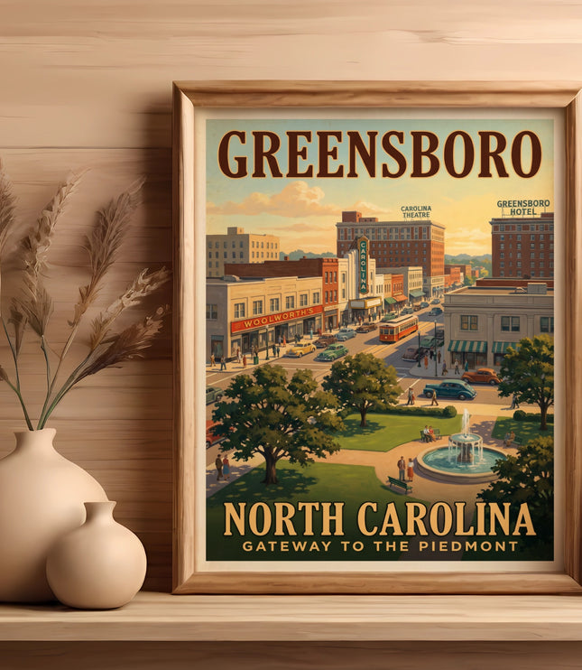Vintage style poster of Greensboro, North Carolina street scene with text.