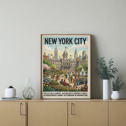 New York City poster featuring City Hall and gardens, depicting a sunny afternoon.