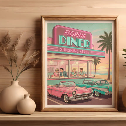 Retro Florida diner with vintage cars and people in neon light.